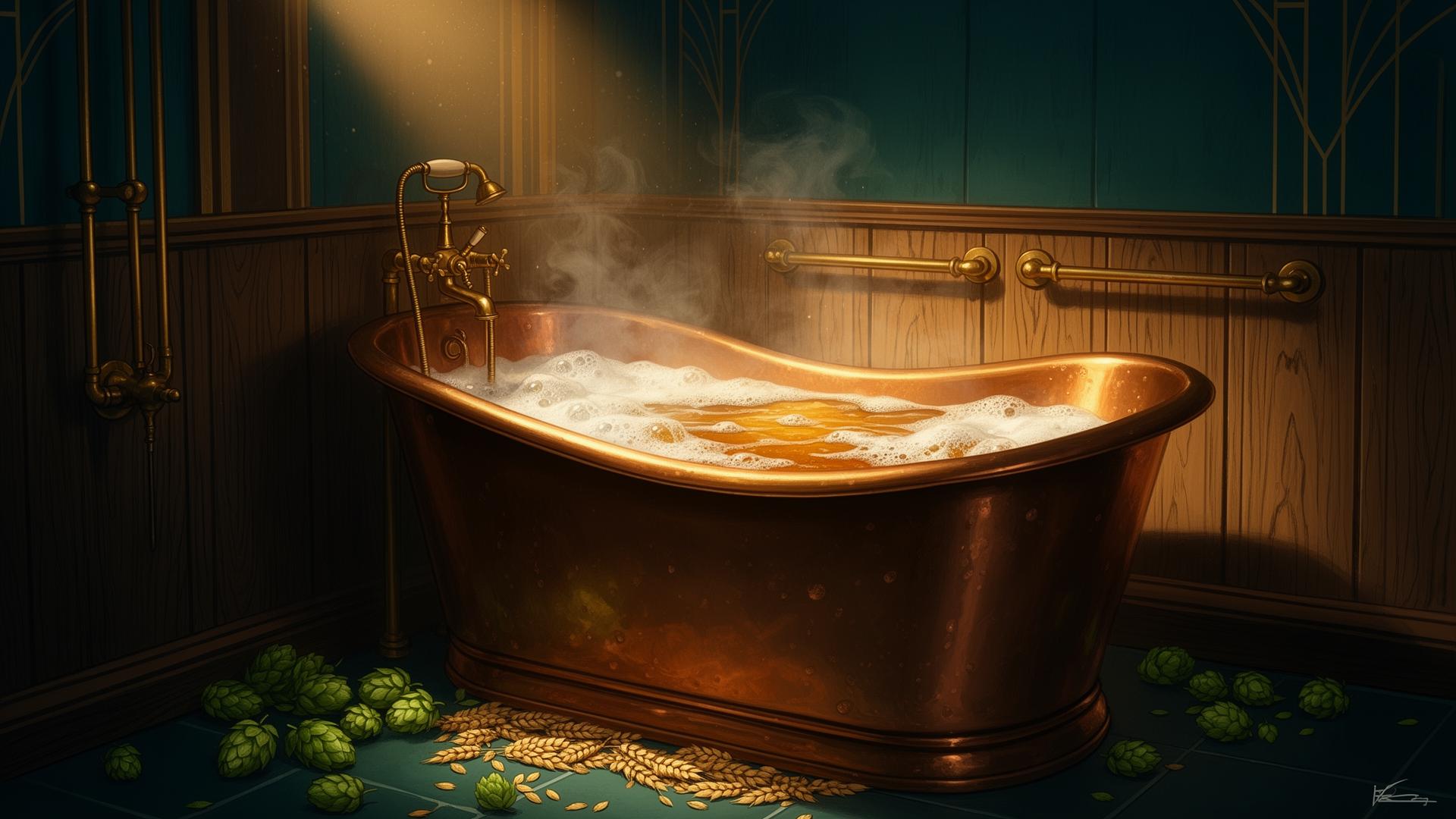 Bañera de cobre con cerveza y espuma rodeada de lúpulo y cebada, ilustración editorial de un spa de cerveza