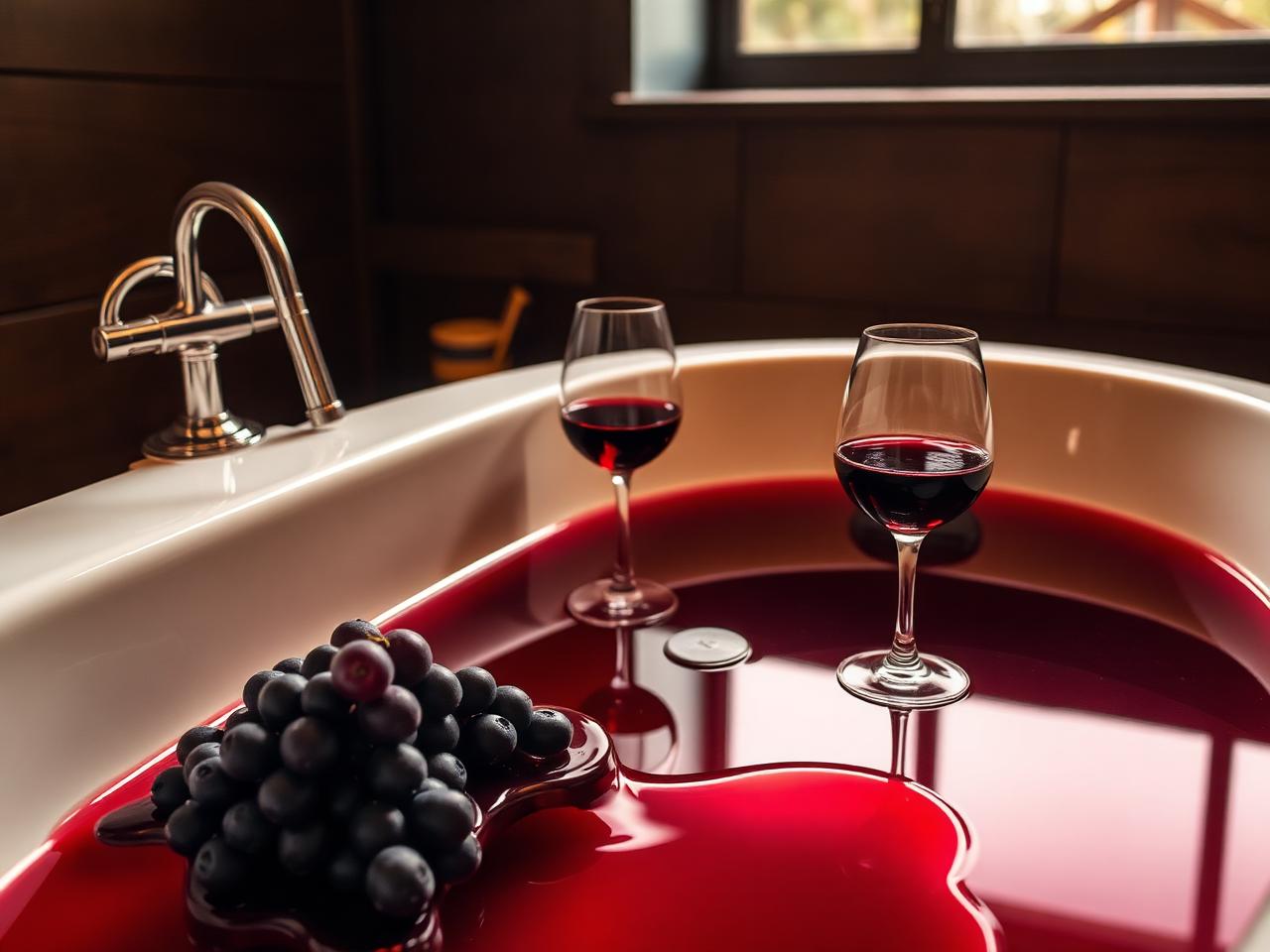 Red wine bathtub with glasses and a grape cluster, editorial illustration of non-traditional spas around the world